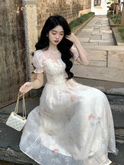 Lunivop  Soft Temperament Slimming Waist Floral Print Long Dresses 2025 Fairycore Princess Sleeves O-Neck Dress Damen kleider Summer New