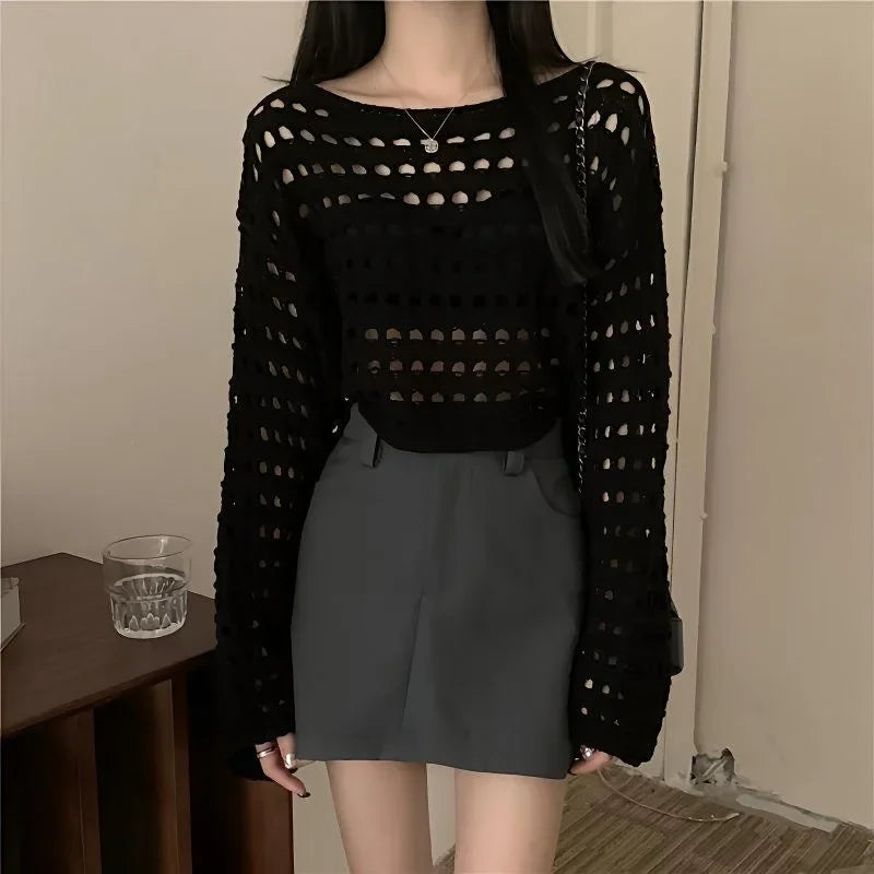 Lunivop Long Sleeve Crochet Knit Top Summer Beach Bikini Cover Up Crop Pullover Wool Knitwear Blouse Women Vacation Boho Outfit