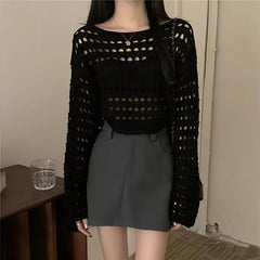 Lunivop Long Sleeve Crochet Knit Top Summer Beach Bikini Cover Up Crop Pullover Wool Knitwear Blouse Women Vacation Boho Outfit