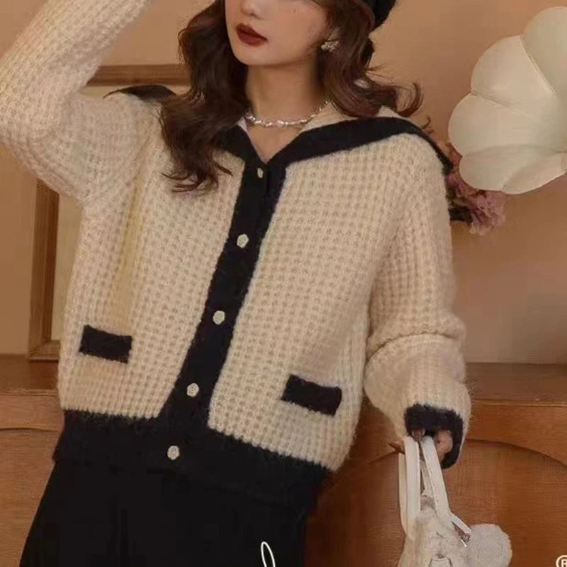 Lunivop Sailor Collar Sweater Cardigan for Women Soft Waffle Knit Button Front Sweater Jacket Teen-girl Fall Winter Classic Chic Outfit