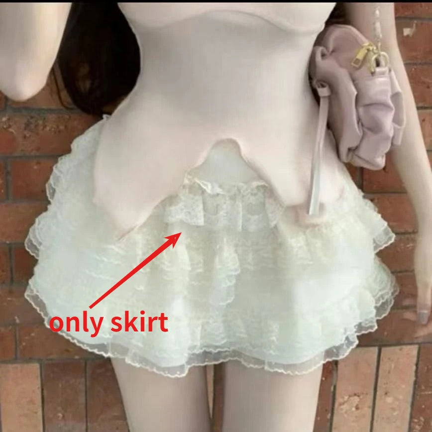 Lunivop  Sweet Slim Fit Lace Bow Short Sleeve Knitted Top for Women+ Summer New High Waist A-line Cake Skirts Two Piece Serts