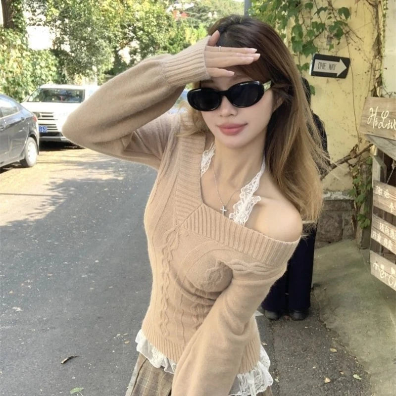 Lunivop Korean Style Grey Sexy Sweater Women Sweet Off Shoulder V-neck Knitted Pullover Slim Up Fashion Long Sleeve Sweaters