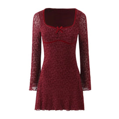 Lunivop  Sexy Wine red Flocking Flower Mesh Flare Sleeve Dress Woman Bow Square neck Package Hips A-line Mini Party Robe Bodycon