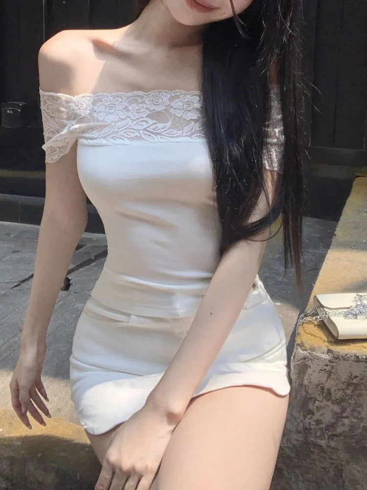 Black Lace Patchwork Sexy Off Shoulder Top Women Summer Solid Backless Sleeveless Tank Top Club Aesthetic Clothes
