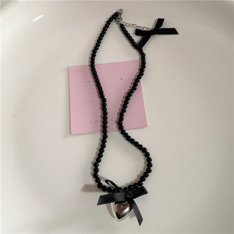 Lunivop Kpop Vintage Goth Heart Love Bowknot Pearl Beaded Necklace For Women  Y2k Aesthetic Harajuku 2000s EMO Jewelry Accessories