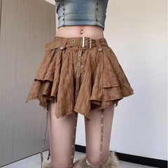 Lunivop  Korean Vintage Irregular Brown Skirt for Women Y2k E-Girl High Waist Ruched Skirts Summer New Sweet A-line Faldas Mujer