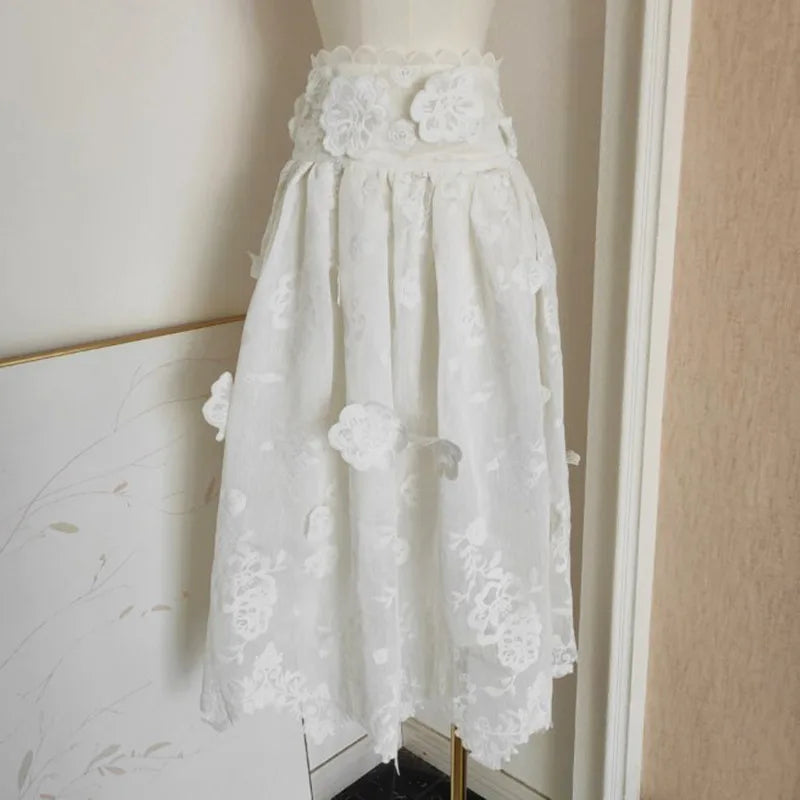 Lunivop  Women's Solid Color Two Piece Set Lace Flower Sleeveless Tops High Waist Skirt Female Sets New Tide