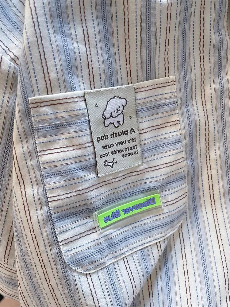 Lunivop Cute Women Striped Shirts Japan Vintage Loose Dog Print Kawaii Blouse Casual Preppy Style Short Sleeve Summer Sweet Tops