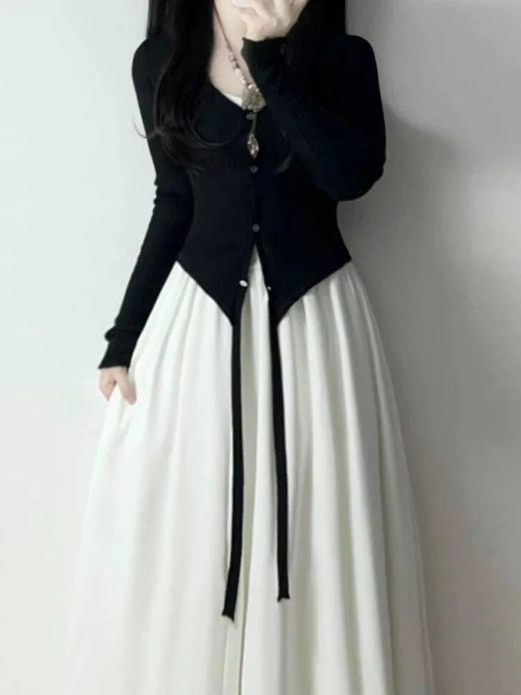 Lunivop  Black Long Sleeve Sun Protection Coat Women+ Sexy Slim Waist White Camisole Vest Dresses 2025 Summer New Two Piece Sets
