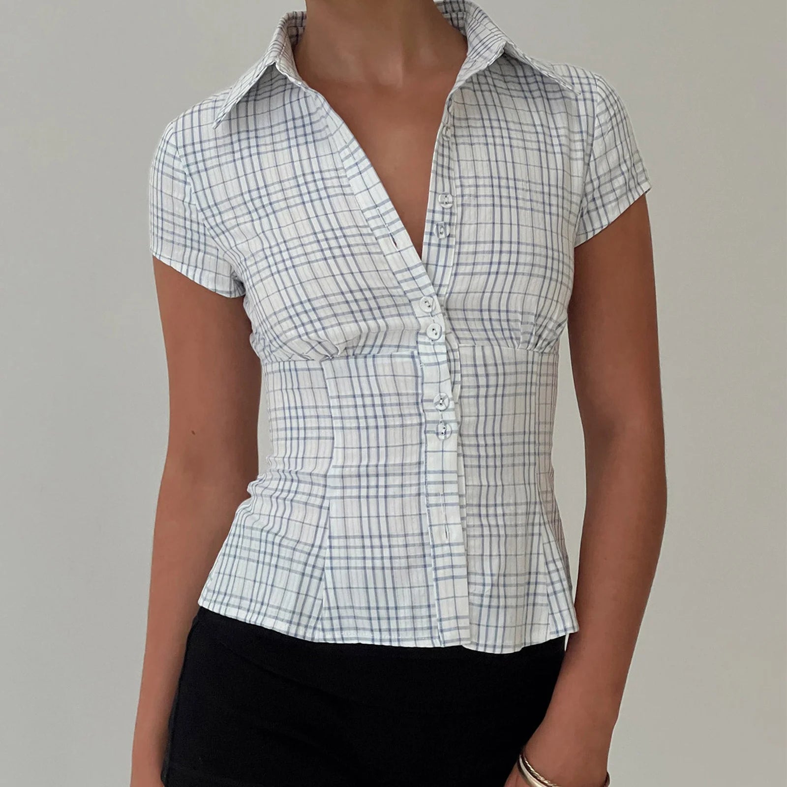 Lunivop  Women's Y2K Short Sleeve Plaid Button Down Shirt Button Down Blouses Tops Casual Summer Shirt Tops 90s Streetwear