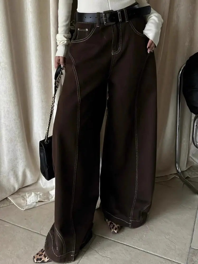 Lunivop Vintage Brown Wide Leg Jeans Women Y2k High Street Baggy Denim Trousers Grunge Hip Hop American Retro Oversized Jeans