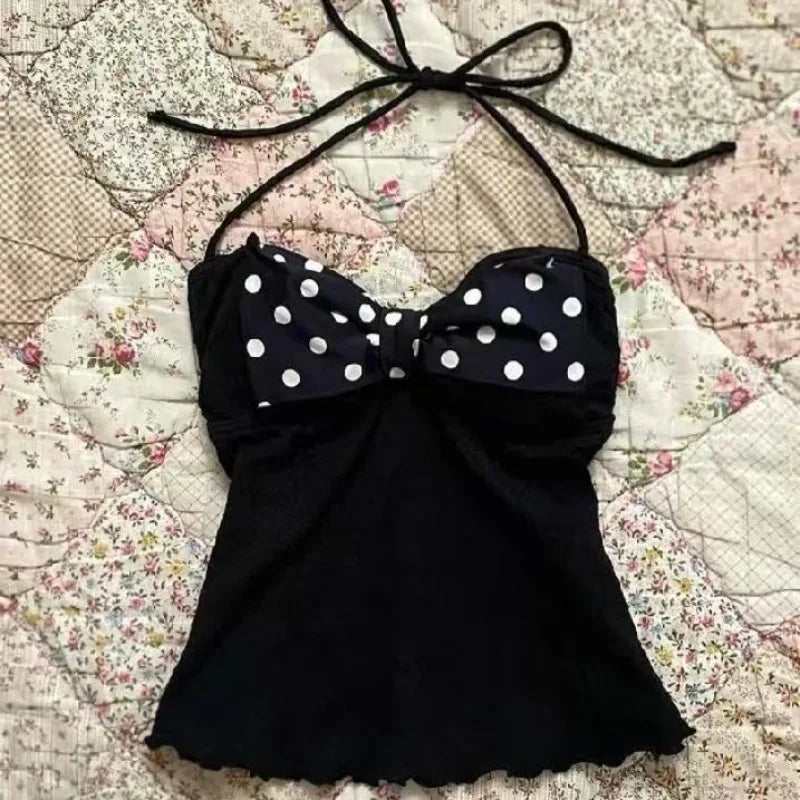 Lunivop  Sweet Slim Hottie Camisole Subculture Aesthetic Halter Vest American Polka Dot Bow Patchwork Tanks Women's Retro Sexy Chic Tops
