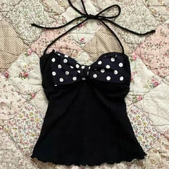 Lunivop  Sweet Slim Hottie Camisole Subculture Aesthetic Halter Vest American Polka Dot Bow Patchwork Tanks Women's Retro Sexy Chic Tops