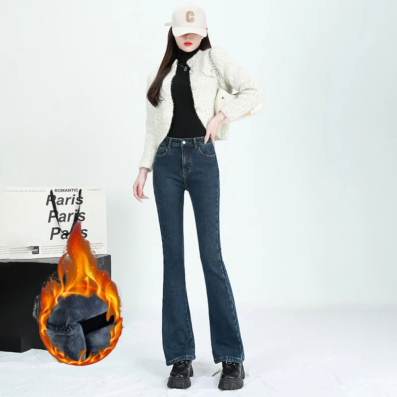 Lunivop  Winter Snow Warm Female Thin Casual Jeans Girls Thermal Fleece Flared Pants Lady Korean High Waist Straight Leg Trousers