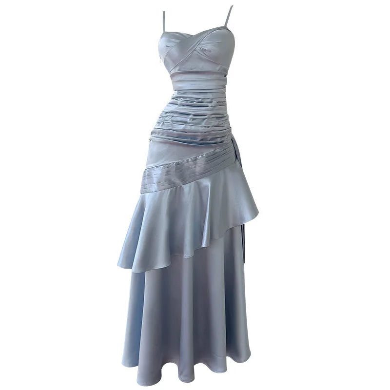Lunivop Fashion Folds Slim Dress Women's Irregular Ruffled Edge Waist Cinching Suspender Dresses 2025 Summer New Tide