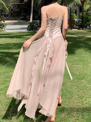 Lunivop  Women's Summer Elegant Backless Long Dresses New Fashion Spaghetti Strap Evening Party Prom Split Bandage Ruffled Sexy Dress