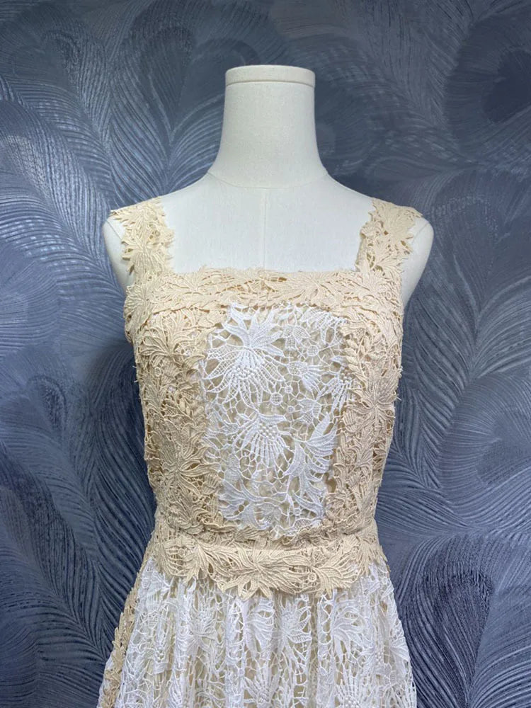 Lunivop  2025 Spring New Strapless Suspender Lace Color Blocked Water-soluble Waist Cinched Mid Length Dress French Women