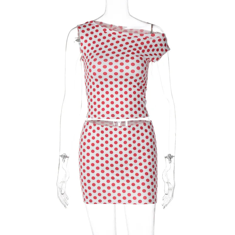 Lunivop Dot Print Vintage Slim Short Sleeve Crop Top Short Skirt Women'S Sets Summer Vacation Y2K Streetwear Casual Clothes