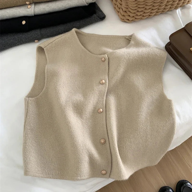 Lunivop Women Sweater Vest Gold Button Up Waistcoat Soft Knitted Sleeveless Cardigan Jacket Top Fall Winter Korean Ladies Chic Outfit