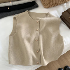 Lunivop Women Sweater Vest Gold Button Up Waistcoat Soft Knitted Sleeveless Cardigan Jacket Top Fall Winter Korean Ladies Chic Outfit