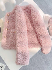Lunivop Sweet Pink Faux Lamb Coat Women Cute Slim Long Sleeve Vintage Jacket Winter Warm O Neck Elegant Korean Female Casual Tops