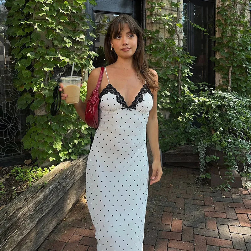 Lunivop   Polka Dot Lace Patchwork Maxi Dress Women Summer Fashion Backless Slim Strap Sexy Robes Female Elegant Party Long Dress 2025
