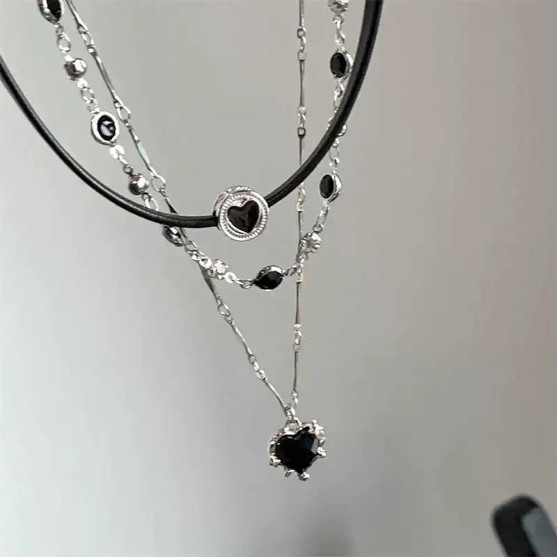 Lunivop Gothic Y2K Multi Layer Black Peach Heart Pendant Choker Clavicle Chain Necklace For Women Girls Aesthetic Jewelry Accessories