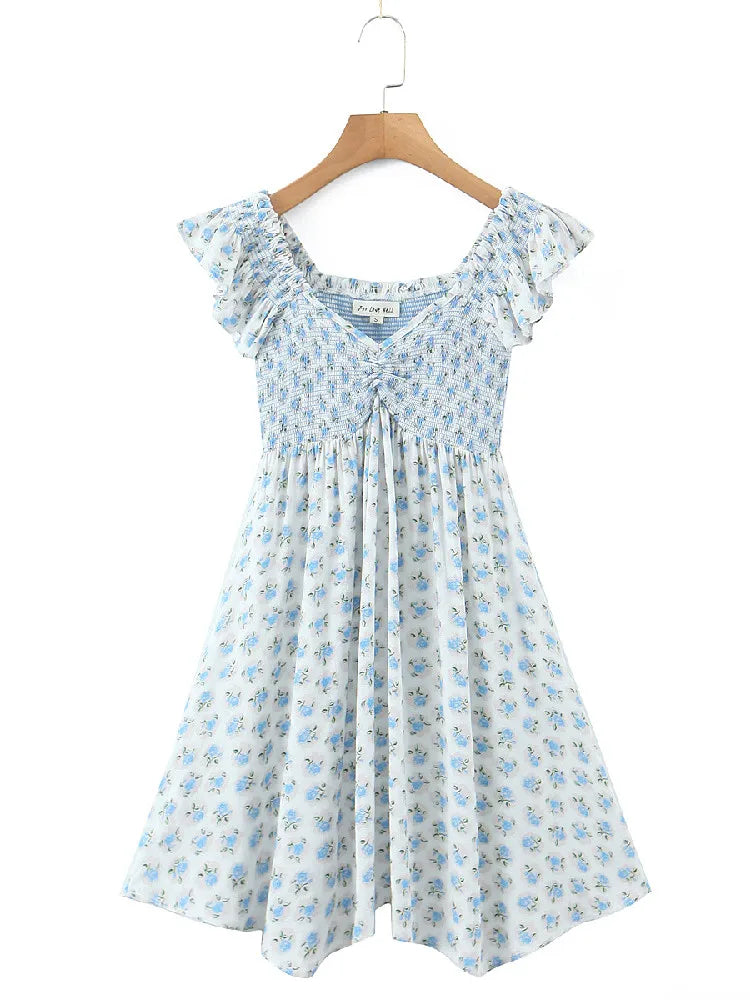 Lunivop  Sexy White Blue Flower Print Ruffle Strap Mini Dress V neck Ruched Elastic Chest Corset Sleeveless Short Tank Robe Holiday Woman