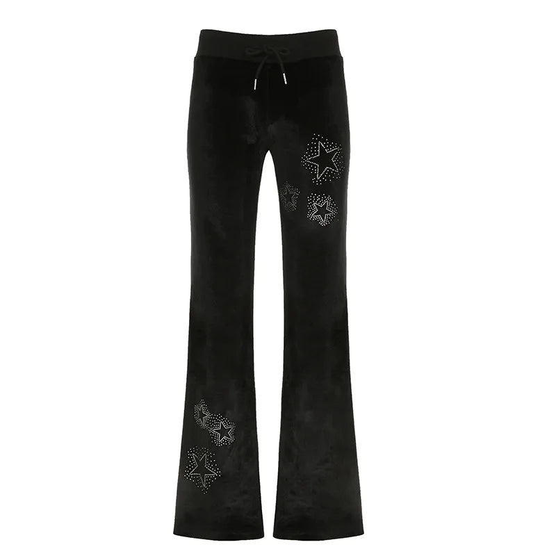 Lunivop  Euramerican Spice Woemn Star Hot Diamond Print Casual Pants Y2k Spliced Low Waist Drawstring Trousers Harajuku Velvet Flare Pant