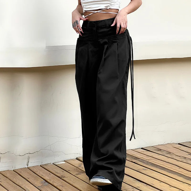 Lunivop Gothic Punk Bandage Wide Leg Pants 90s Baggy Pant Women Oversize Low Rise  Y2k Academic Pants Streetwear E-girl Style