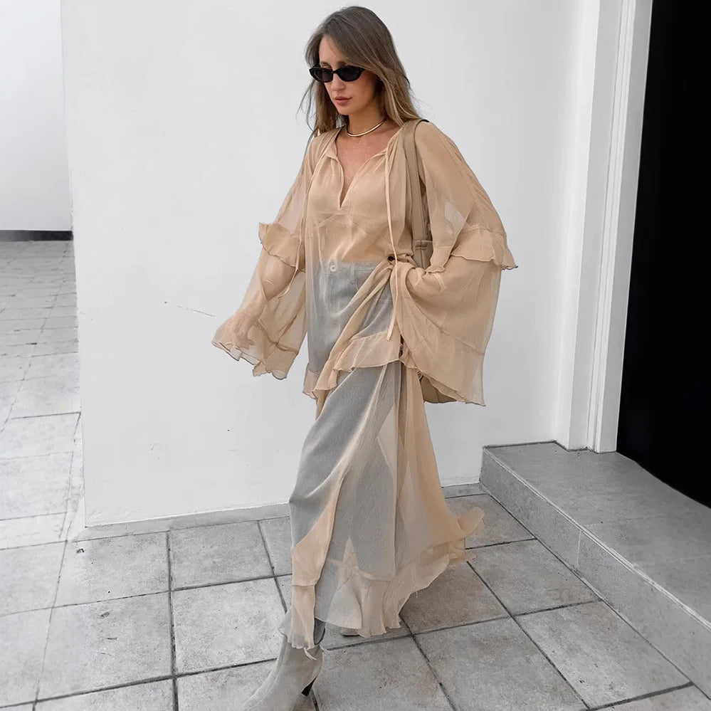 Lunivop Khaki Casual Loose Maxi Dress for Women Sexy See Through Bikini Cover Up Fashion Ruffle Long Sleeve Club Party Outfits 2024