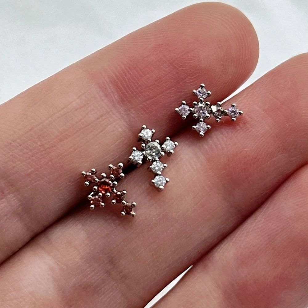 Lunivop 1pc Shiny Zircon Cross Lip Stud Stainless Steel Punk Cool Style Labret Piercing Silver Color Ear Accessories Ins Fashion Jewelry