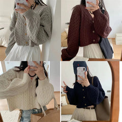 Lunivop Cozy Cable Knit Sweater Cardigan for Women V-neck Button Up Boxy Plain Crop Sweater Jacket Autumn Winter Teen-girl Y2k Outfit
