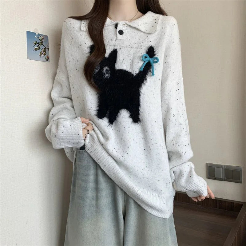 Lunivop Cute Cartoon Bow Sweaters Women Loose Vintage Long Sleeve Kawaii Knitted Jumper Japan Casual Preppy Style Retro Pullovers