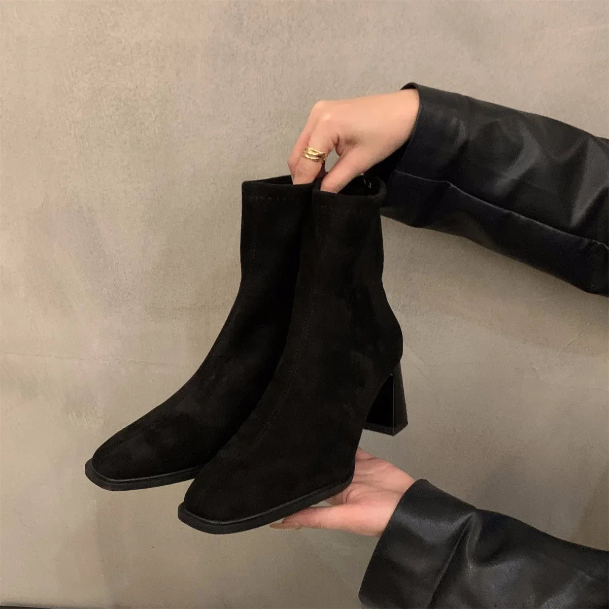 Lunivop Vintage Women Ankle Boots Fashion Square Toe Thick High Shoes Autumn Winter New Ladies Elegant Stretch Slim Short Booties