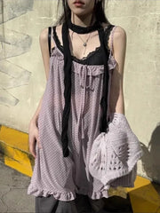 Lunivop Harajuku Japanese Style Tank Tops Women Vintage Polka Dot Ruffle Sleeveless Mesh Dress Sexy See-through Layered Wear