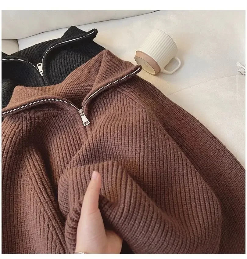 Lunivop Half Zip Collar Sweater Women Pullovers Soft Knitted Long Sleeve Short Jumper Fall Winter Teen-girl Korean Fashion Outfit