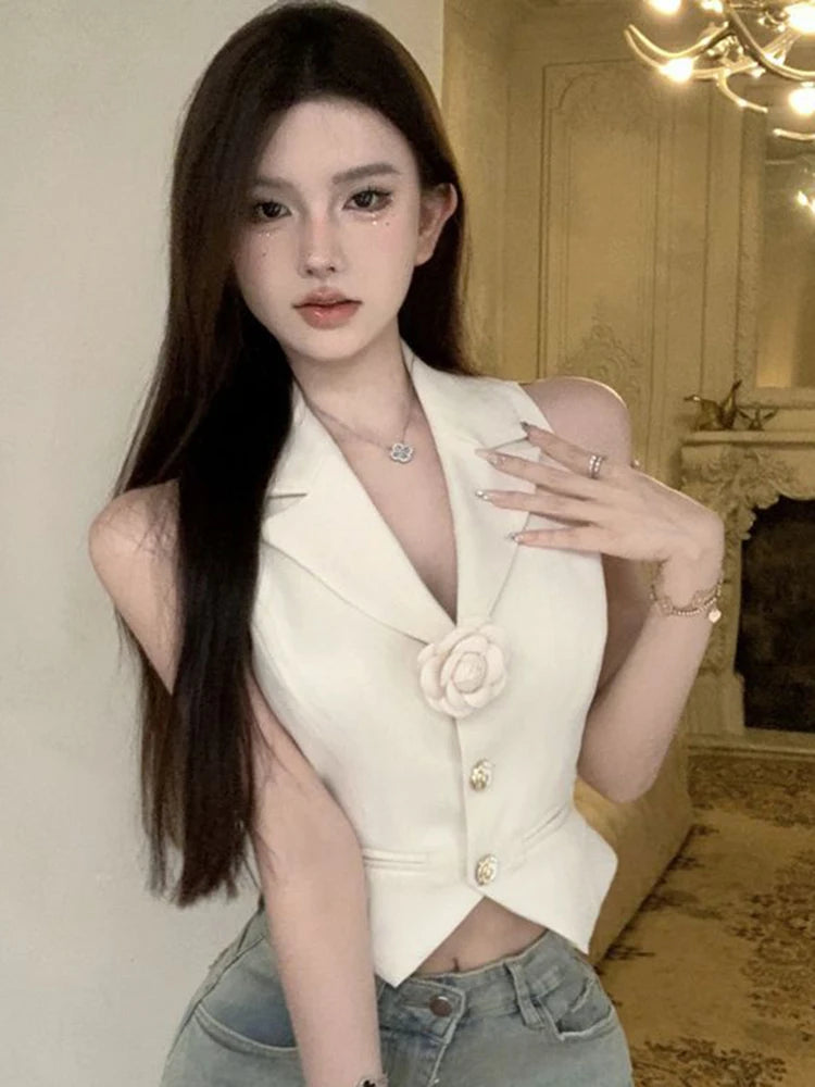 Lunivop  V Neck Cropped Suit Vest Women 3D Floral Elegant Sleeveless Sweet Slim Tanks Korean Fashion Casual Female Summer New Tanks