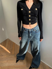 Lunivop Gold Button Front Knit Cardigan Women Long Sleeve Crop Sweater Jacket Fitted Top Teen-girl Fall Winter Vintage 90s Outfit