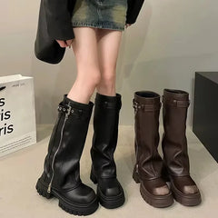 Lunivop  Winter Women Biker Boots Fashion Belt Buckle Ladies Elegant Platform Long Pipe Booties Casual Women's Knee High Booties