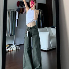 Lunivop  American Retro Army Green Cargo Jeans for Women Autumn Winter High Waist Slim Design Straight Wide Leg Floor Length Pants