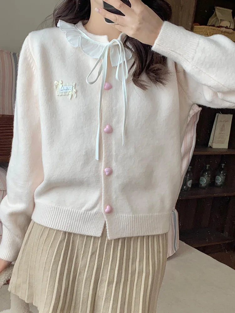 Lunivop Ruffles Sweet Cardigan Women Cute Long Sleeve Bow Sweaters Preppy Style O Neck Japan Kawaii Letter Lace Up Love Buttons Top