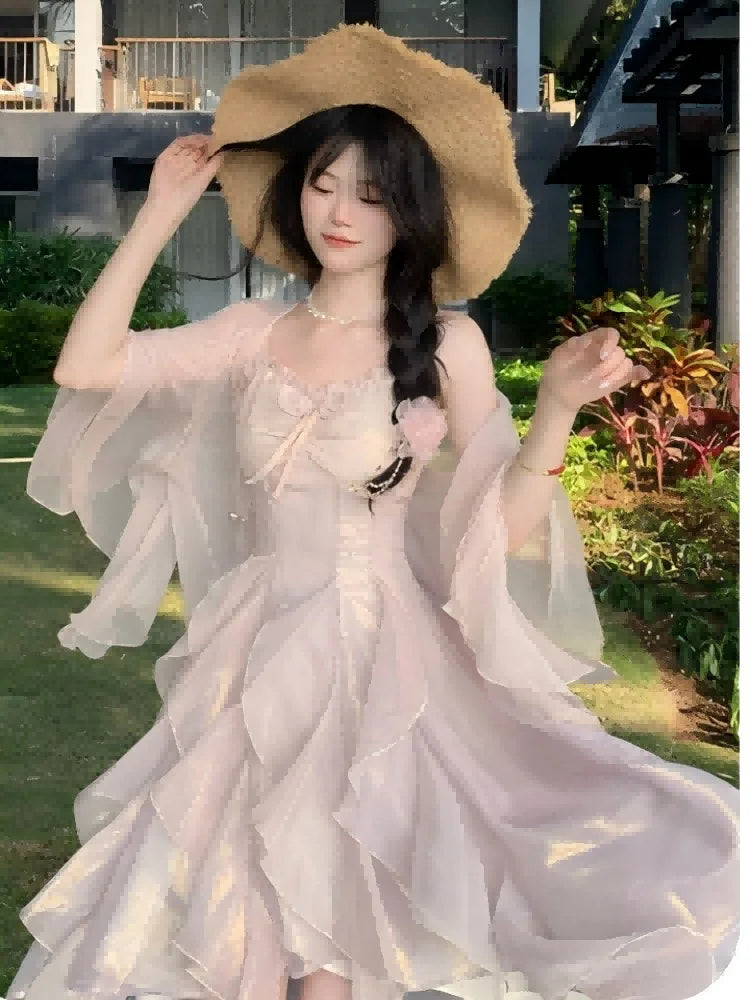 Lunivop   Women Trendy Two Ruffle Asymmetrical Fairy Sweet Dresses Sexy V Neck Spaghetti Strap Chic Party Dress Korean Sweet Summer New