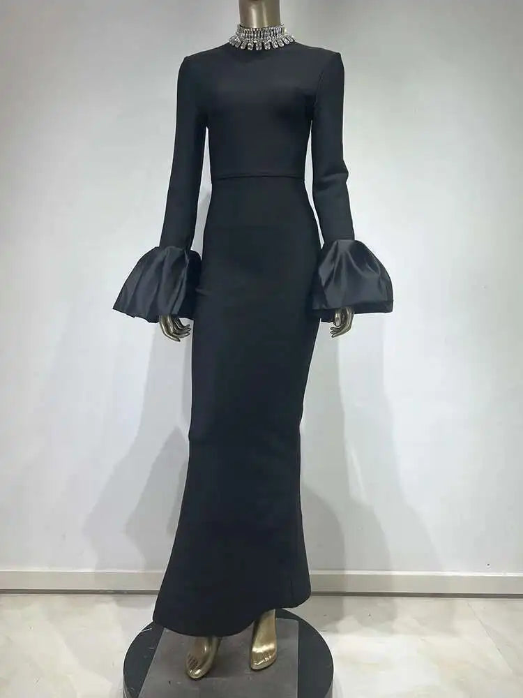 Lunivop Woemn's Evening Dress Diamonds Collar Flare Long Sleeve High Waist Sliming Elegant Party Dress 2025 New Clothing