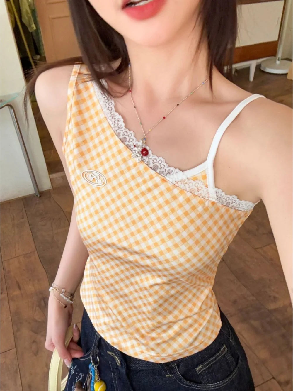 Lunivop  Slim Plaid All-match Short Off Shoulder Vest Skew Collar New Advanced Short Lace Tanks Patchwork Korea Y2K Camis