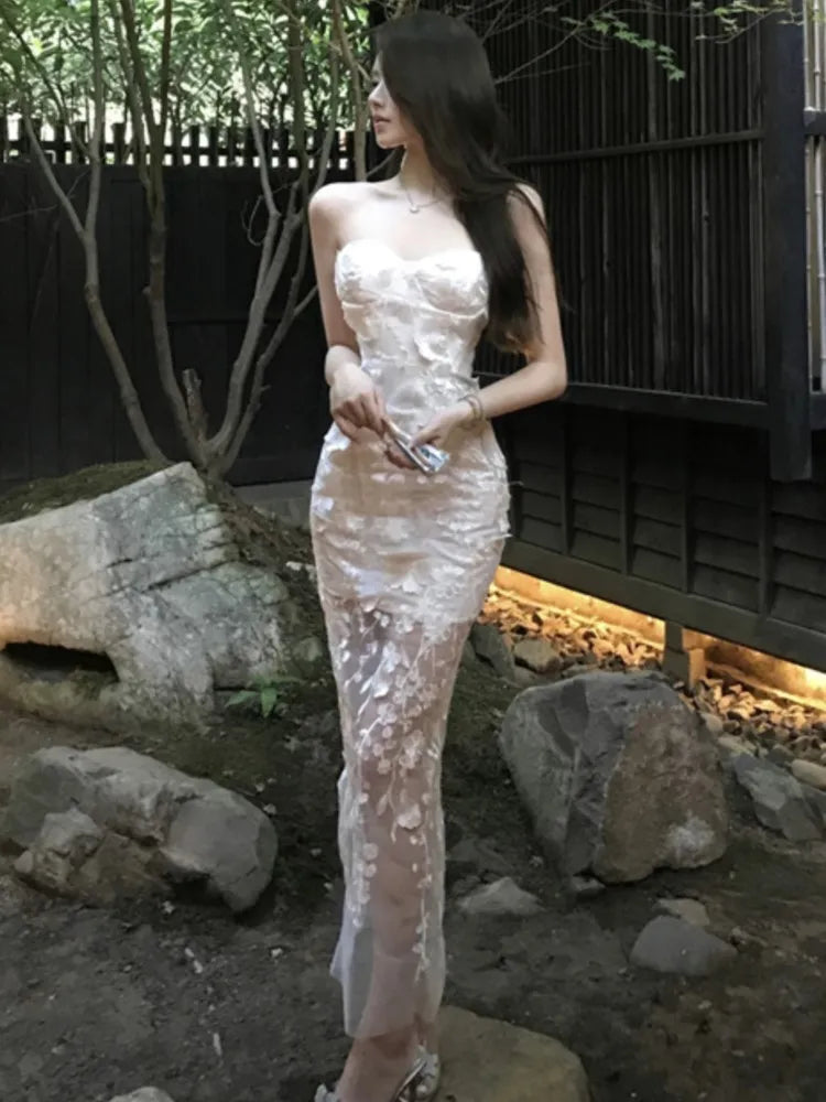 Lunivop  Sexy Floral Strapless Womens Dresses Mesh Patchwork Sleeveless Bodycon Evening Party Dress Elegant Gown Prom Formal Clothes New