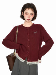 Lunivop Lace Patchwork Retro Cardigan Women Streetwear Long Sleeve O Neck Knitted Sweaters American Casual Letter Vintage Fall Tops