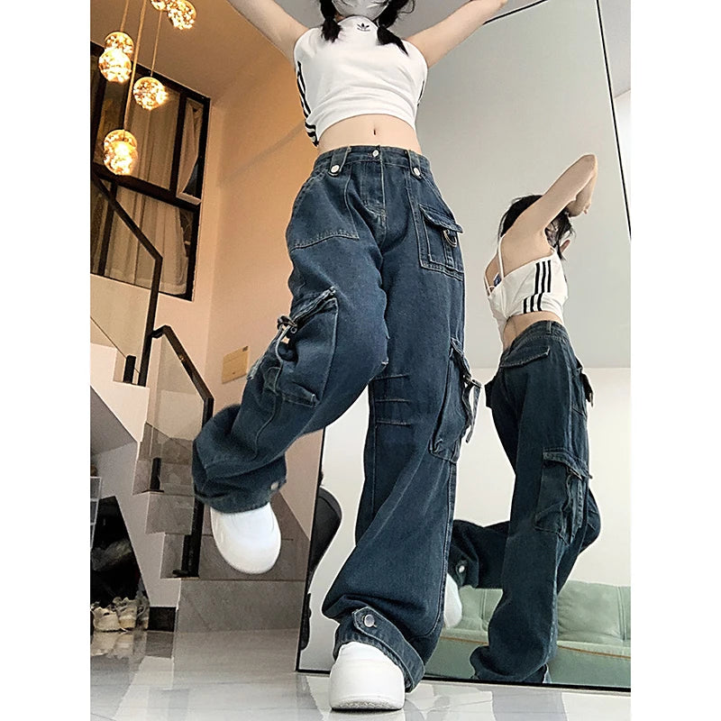 Lunivop Women's Dark Blue Y2k Cargo Jeans Baggy Harajuku Oversize Denim Trousers Vintage Jean Pants Japanese 2000s Style Trashy Clothes