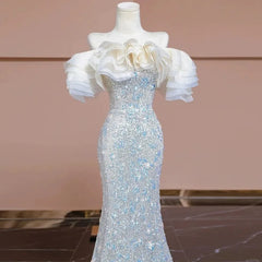 Lunivop  High End Luxury Ruffle Temperament Slash Neck Mermaid Dresses French Slim Waist Sequin Long Vestidos New Bling Evening Gown