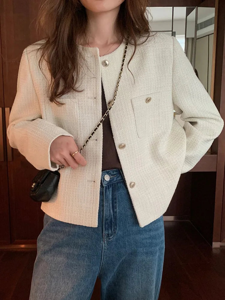 Lunivop Elegant Chic Tweed Jacket Women O Neck Slim Long Sleeve Fashion Short Coats Casual French Sweet Small Fragrance Outwear Lady New